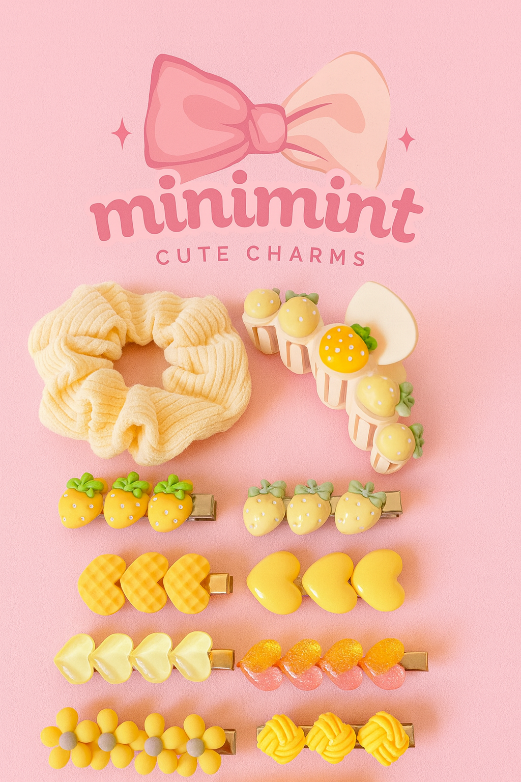 Yellow Aesthetic Hair Accessory Set โ Cute Korean Clips + Scrunchie (9 PCS)