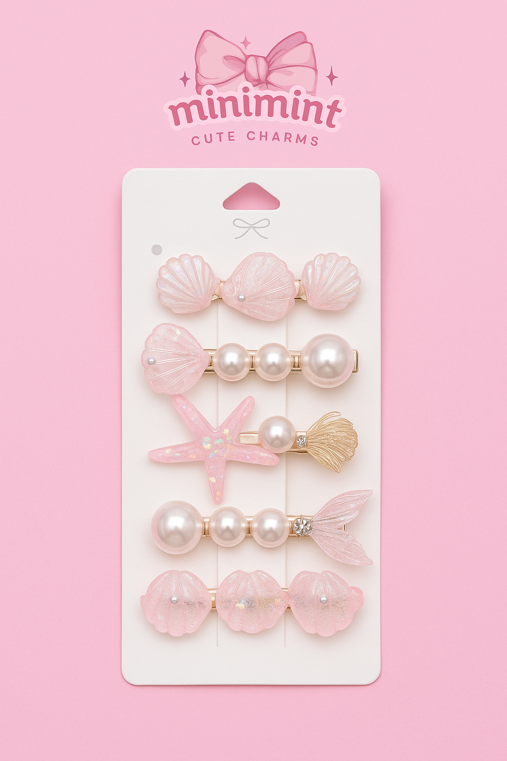 Pink Mermaid Hair Clip Set – Seashell, Starfish & Pearl Clips (6 PCS)