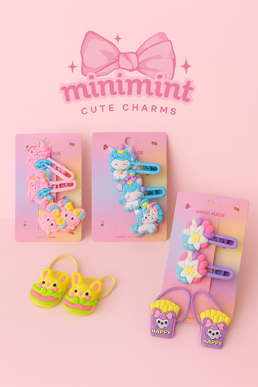 Cute Kawaii Hair Clip & Hair Tie Set β Soft Rubber Cartoon Clips (Handmade Edition)