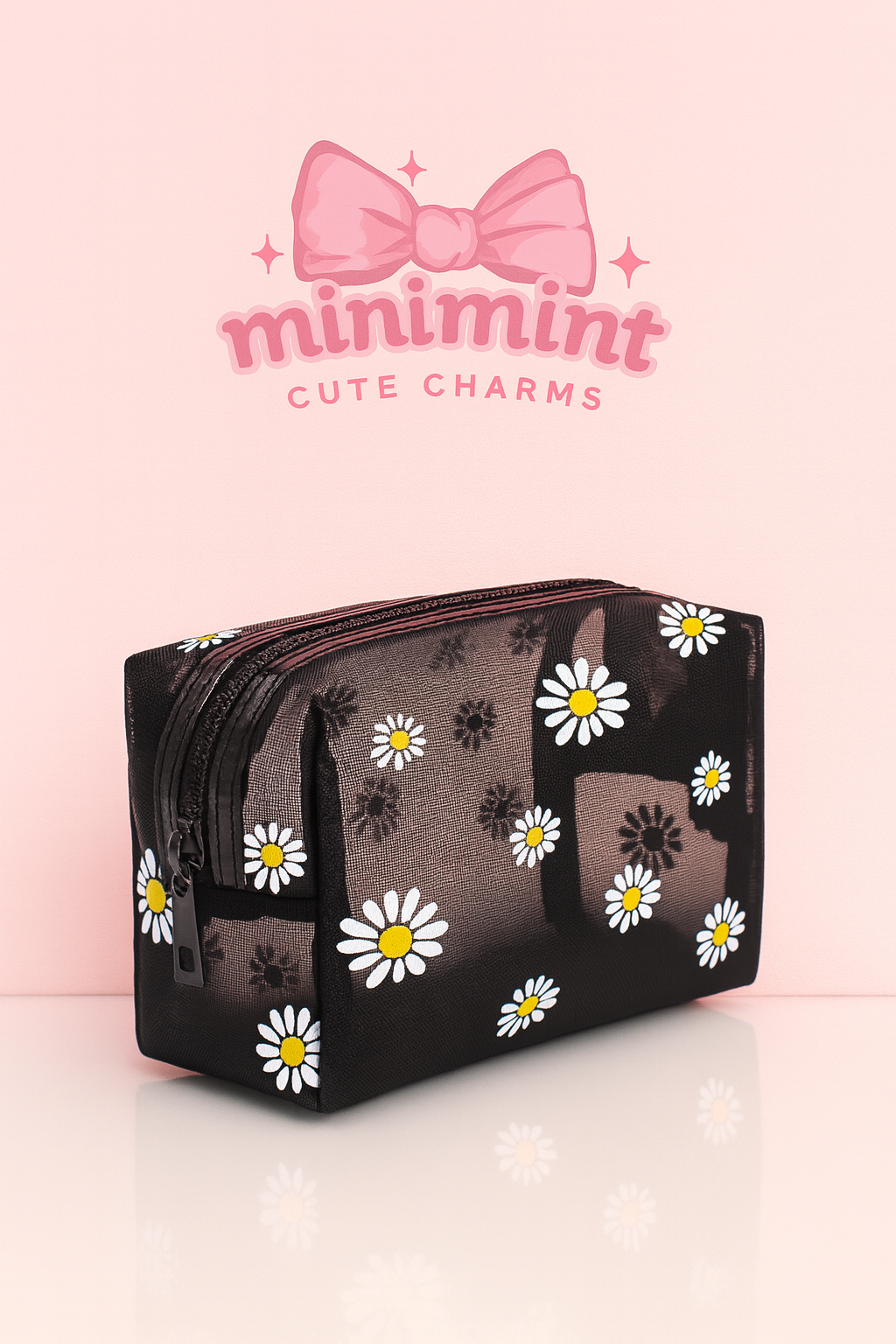 Black Daisy Mesh Pouch β Cute Travel & Makeup Organizer