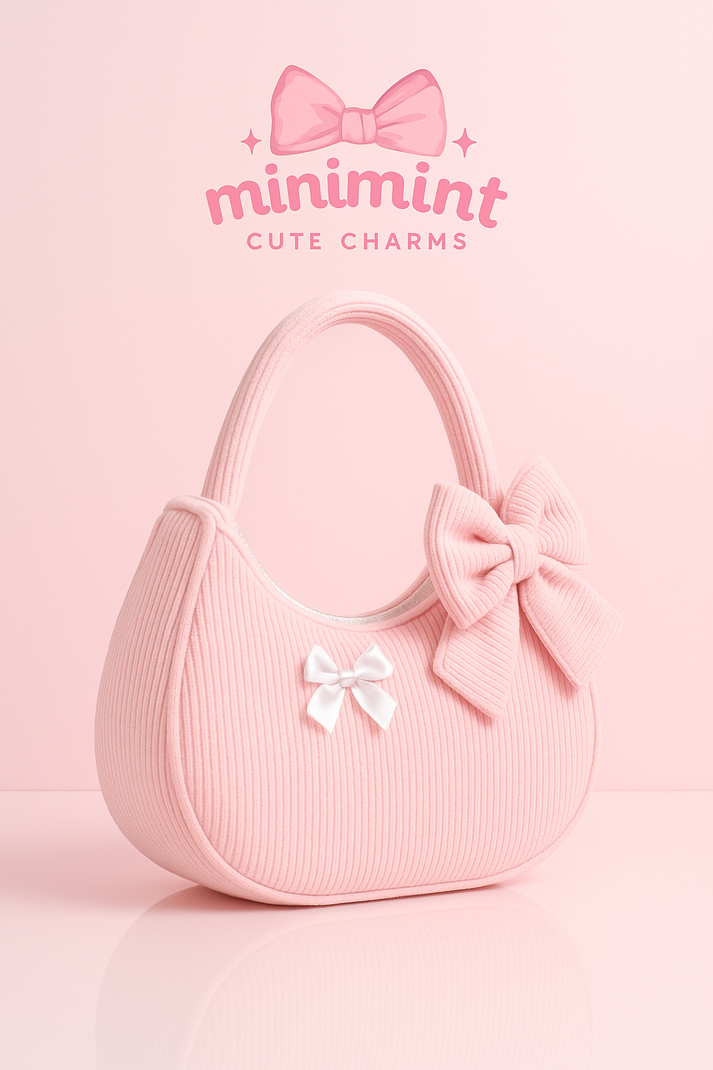 Soft Pink Bow Shoulder Bag – Ribbed Aesthetic Soft-Girl Handbag