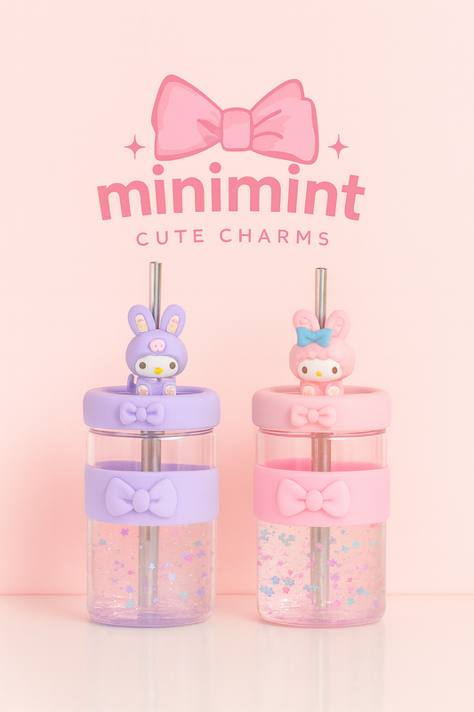 Kawaii Bunny Glitter Cup – Cute Straw Bottle With Bow Grip (2 Colors)
