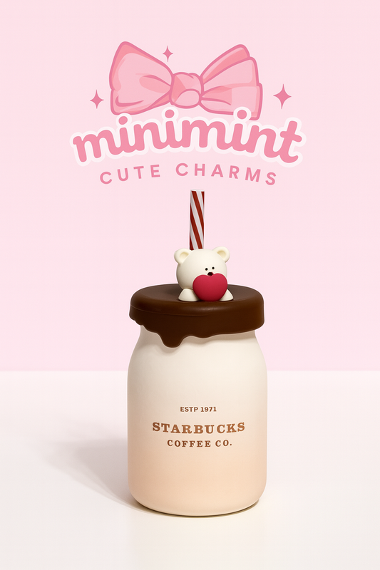 Chocolate Drip Bear Cup – Cute Milk Jar Style with Straw