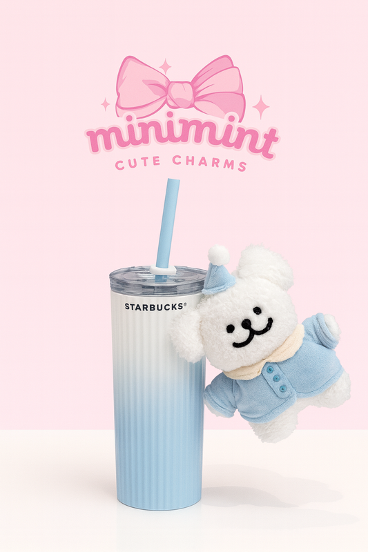 Blue Gradient Starbucks Cup with Cozy Puppy Plush Charm
