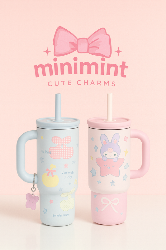 Kawaii Pastel Handle Tumbler – Cute Star & Bunny Printed Mug With Straw (2 Variants)