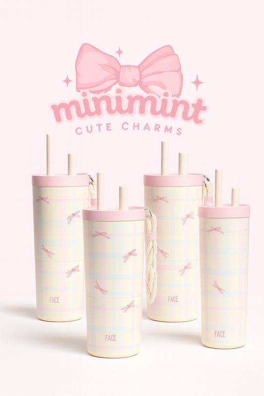 Pastel Plaid Bow Tumbler – Cute Straw Cup with Carry Rope