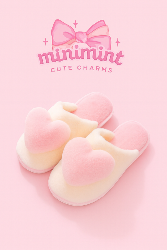 Pink Heart Plush Slippers – Soft & Cozy Indoor Slides