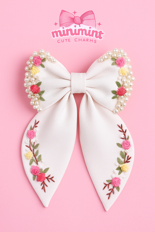 Luxury Pearl Embroidered Bow Clip – White Floral Edition