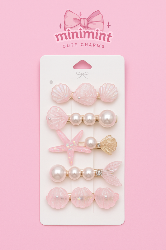 Pink Mermaid Hair Clip Set – Seashell, Starfish & Pearl Clips (6 PCS)