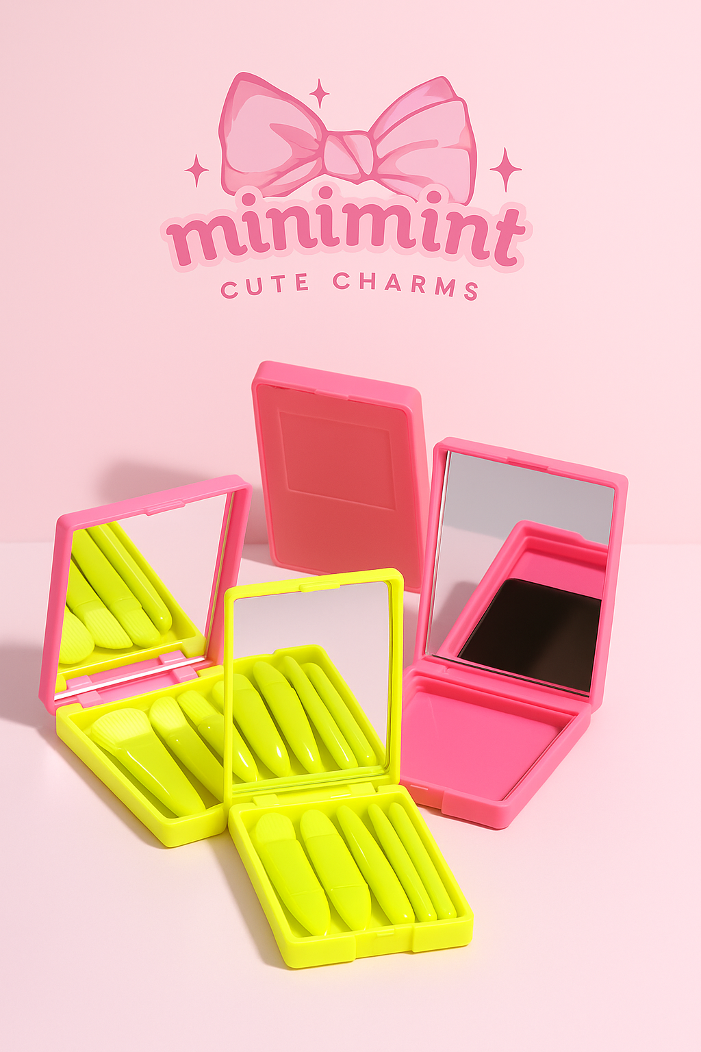 Mini Portable Makeup Brush Set with Mirror – Travel-Friendly 5 PCS Kit (Cute Compact Case)