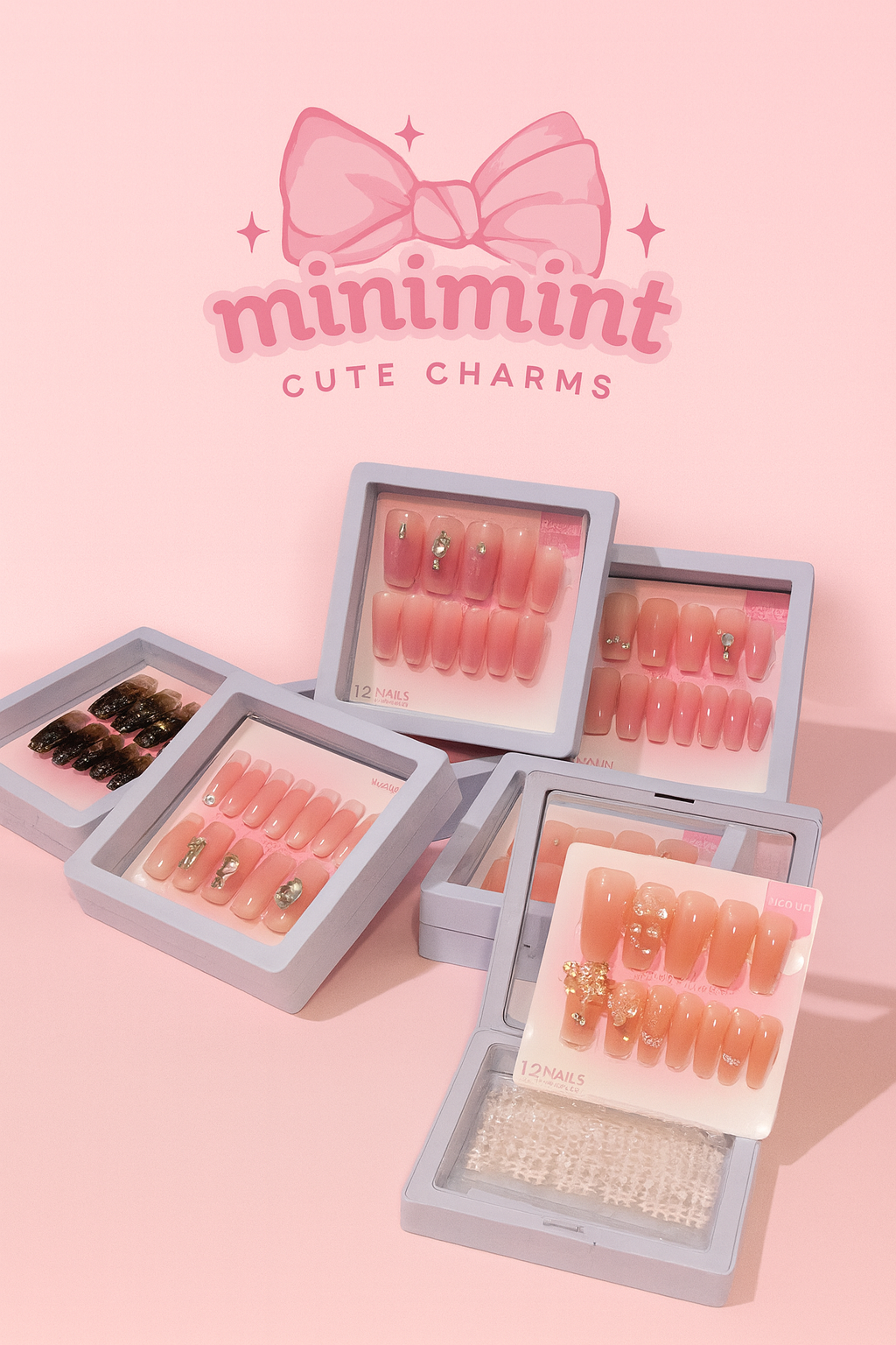 Premium Press-On Nails Set (12pcs) – Soft Pink, Glitter, Ombre Designs | Reusable Luxury False Nails