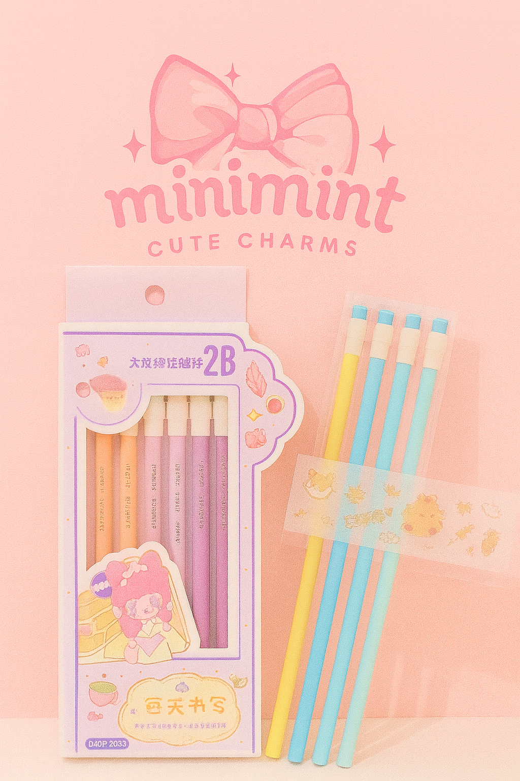 Cute Pastel 2B Pencil Set with Stickers – Aesthetic Writing Set (6 Pencils + Sticker Sheet)